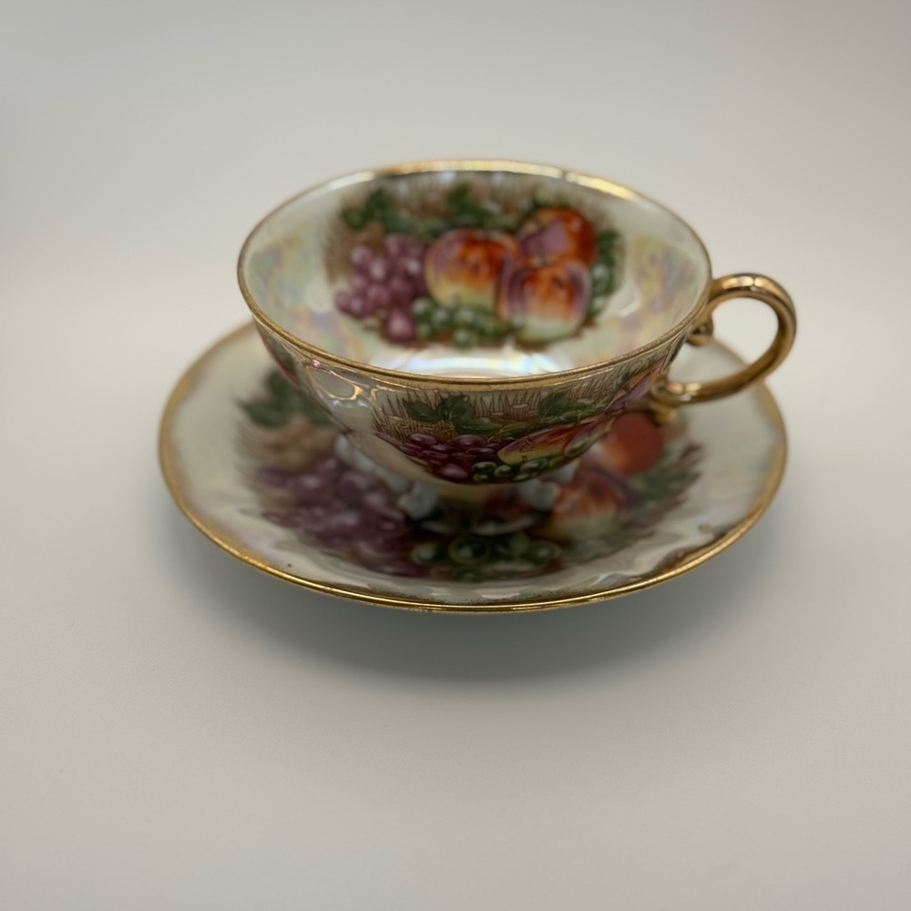 Vintage Royal Sealy Japan Iridescent Lusterware Fruit Teacup and Saucer Set